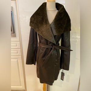 Belted Faux Leather Shearling Coat NWT